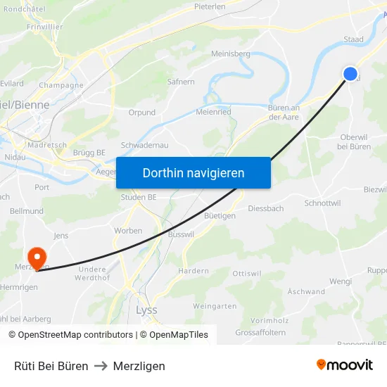 Rüti Bei Büren to Merzligen map