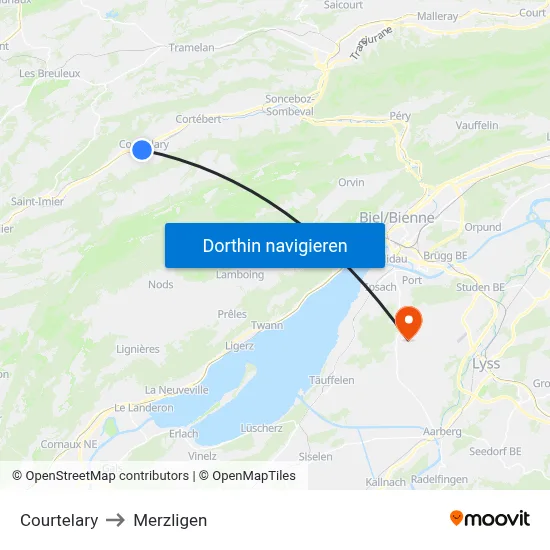 Courtelary to Merzligen map