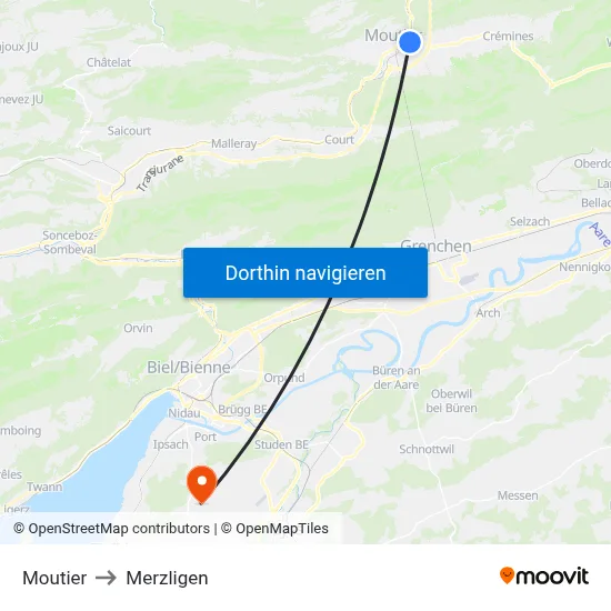 Moutier to Merzligen map