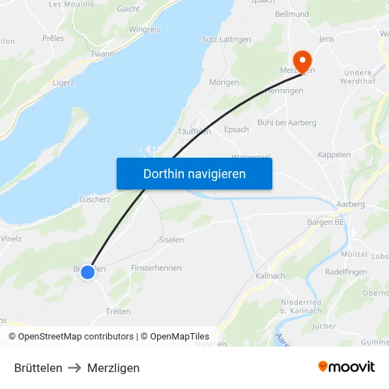 Brüttelen to Merzligen map