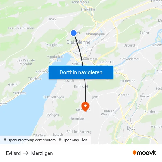 Evilard to Merzligen map