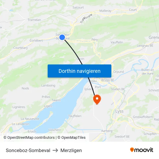 Sonceboz-Sombeval to Merzligen map