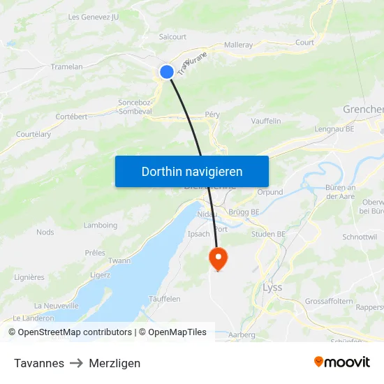 Tavannes to Merzligen map