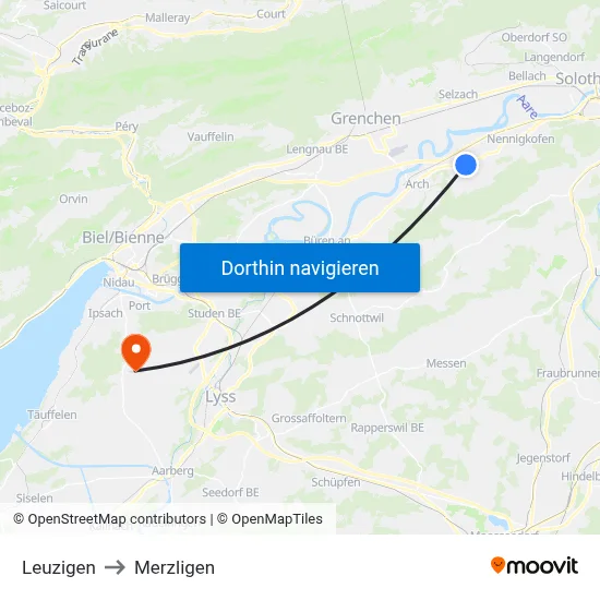 Leuzigen to Merzligen map
