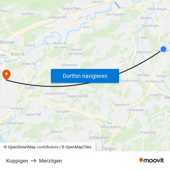 Koppigen to Merzligen map