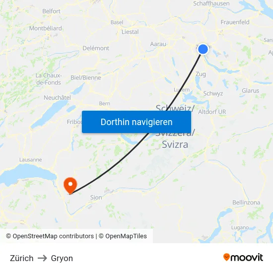Zürich to Gryon map