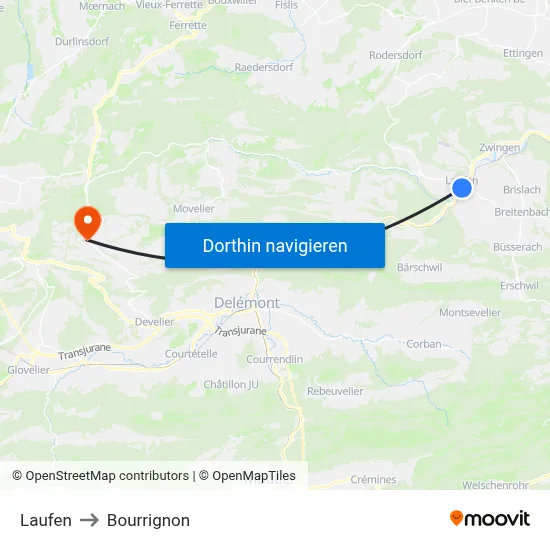 Laufen to Bourrignon map