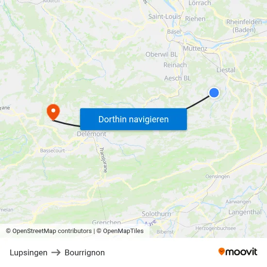 Lupsingen to Bourrignon map