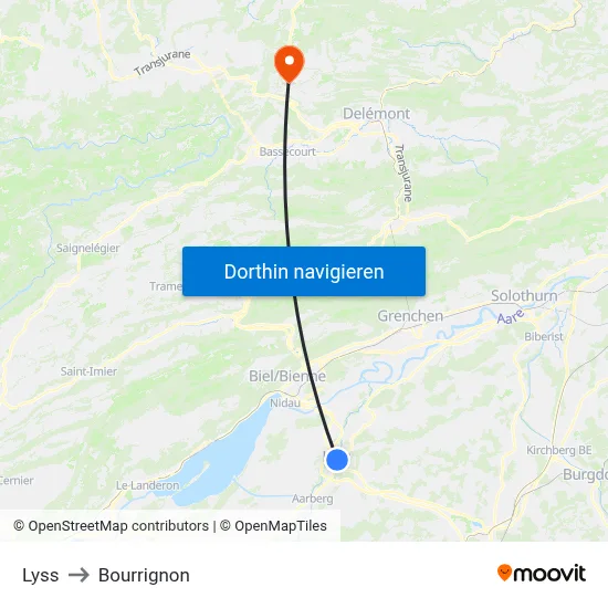 Lyss to Bourrignon map