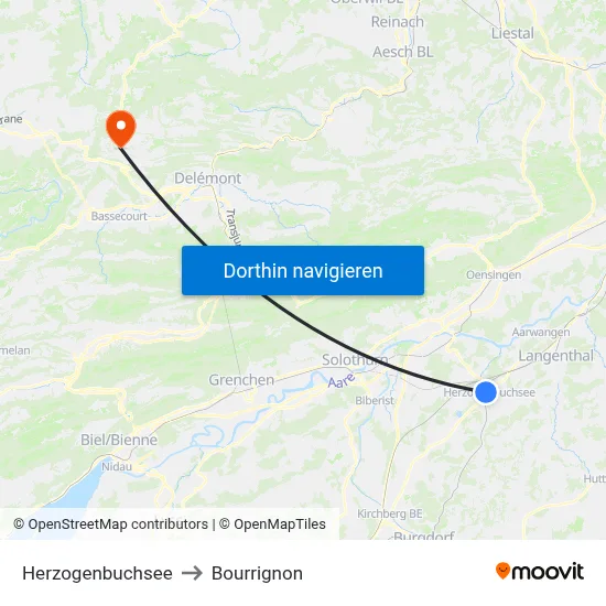 Herzogenbuchsee to Bourrignon map