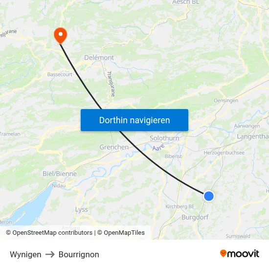 Wynigen to Bourrignon map