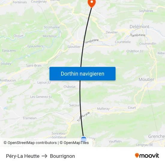 Péry-La Heutte to Bourrignon map