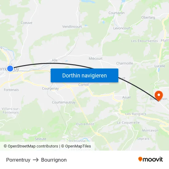 Porrentruy to Bourrignon map