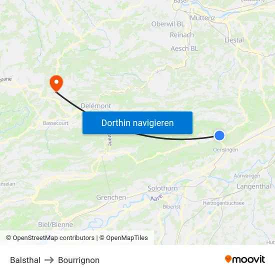 Balsthal to Bourrignon map