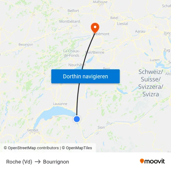 Roche (Vd) to Bourrignon map