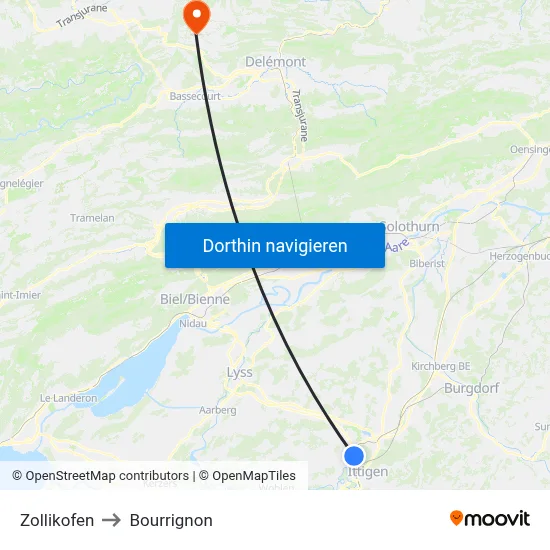 Zollikofen to Bourrignon map