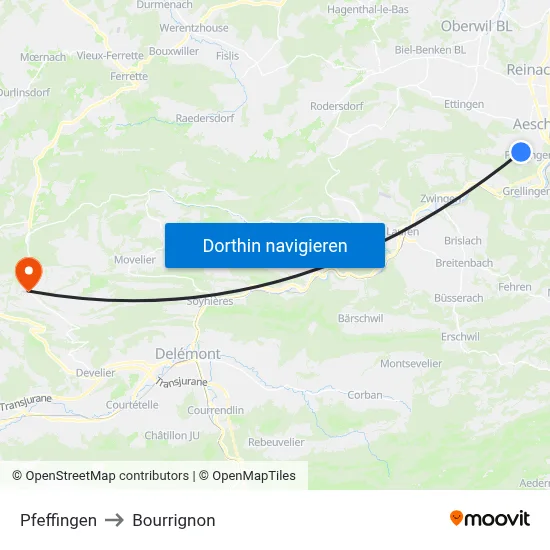 Pfeffingen to Bourrignon map