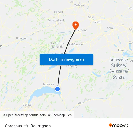 Corseaux to Bourrignon map