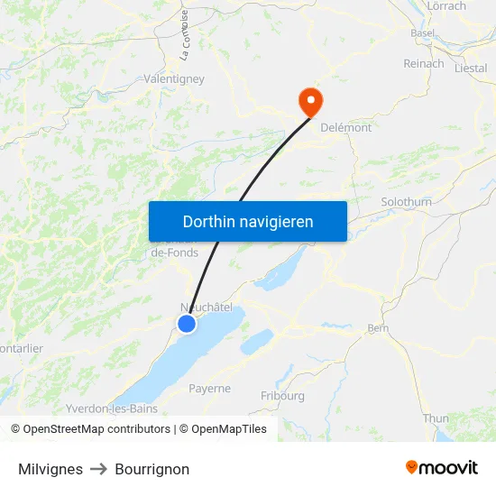 Milvignes to Bourrignon map