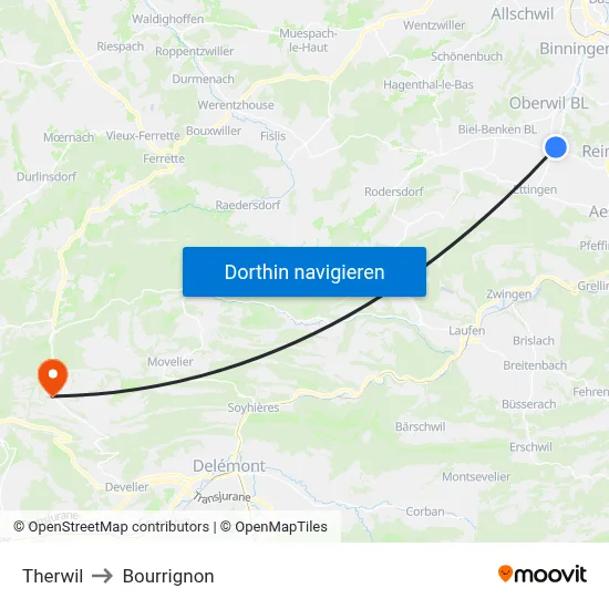 Therwil to Bourrignon map