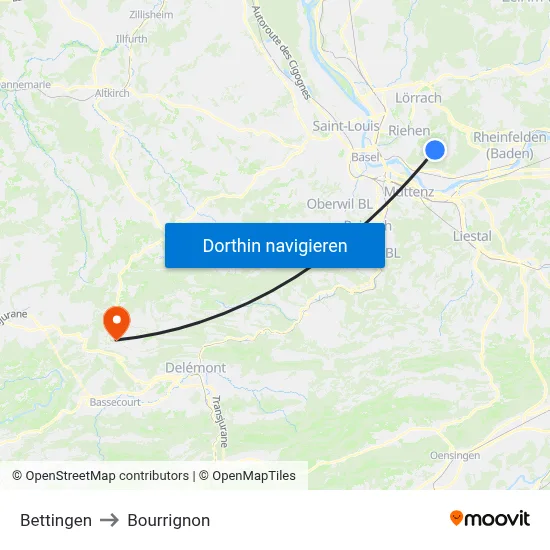 Bettingen to Bourrignon map
