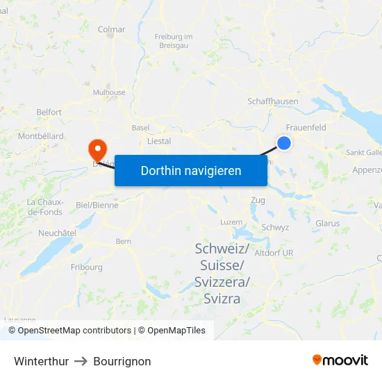 Winterthur to Bourrignon map