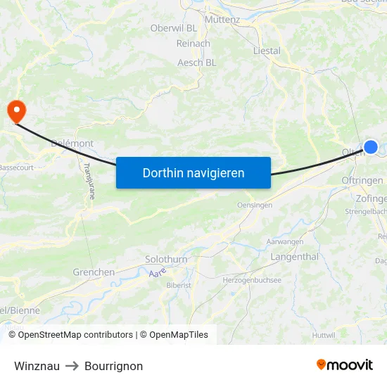 Winznau to Bourrignon map