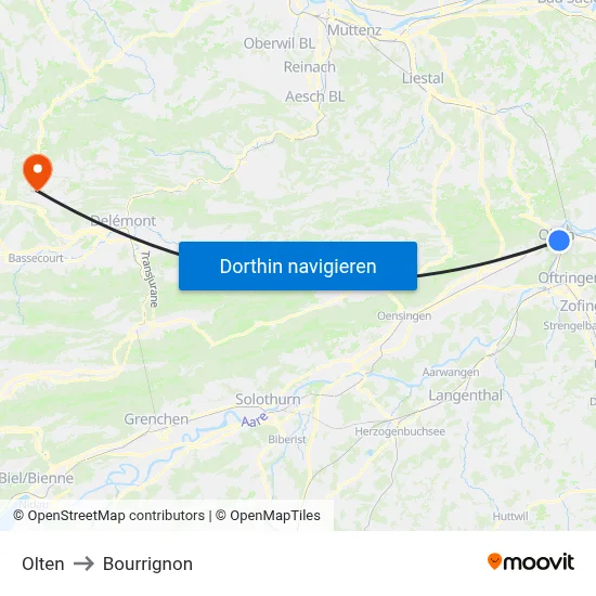 Olten to Bourrignon map