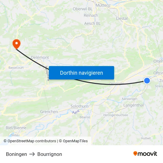 Boningen to Bourrignon map