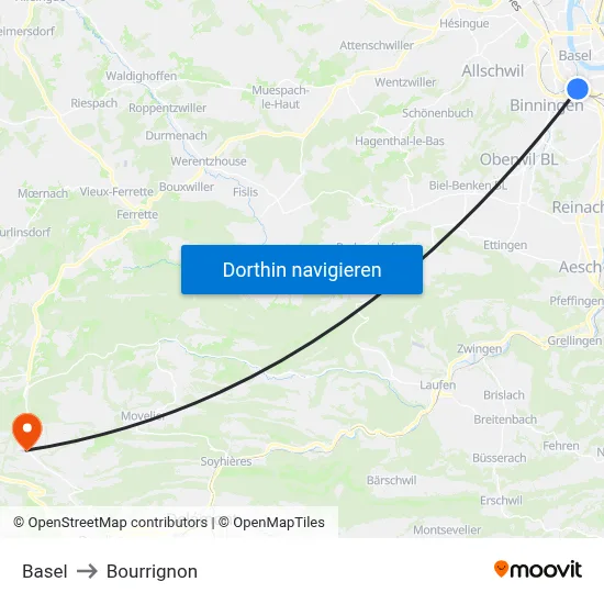 Basel to Bourrignon map