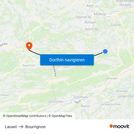 Lauwil to Bourrignon map
