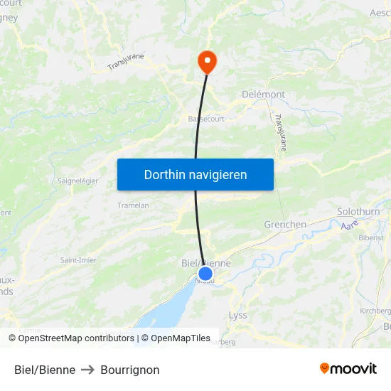 Biel/Bienne to Bourrignon map