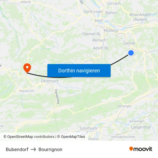 Bubendorf to Bourrignon map