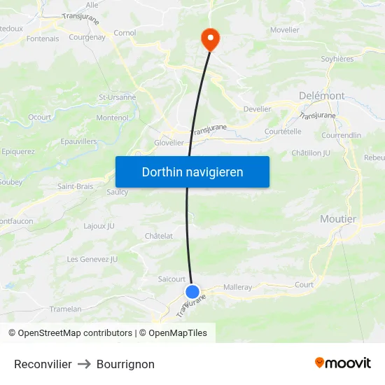 Reconvilier to Bourrignon map