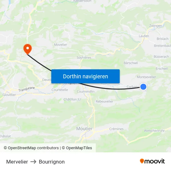 Mervelier to Bourrignon map
