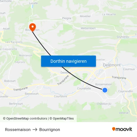 Rossemaison to Bourrignon map