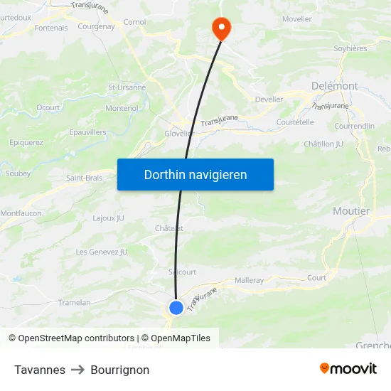 Tavannes to Bourrignon map