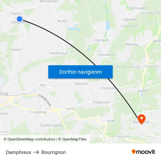 Damphreux to Bourrignon map