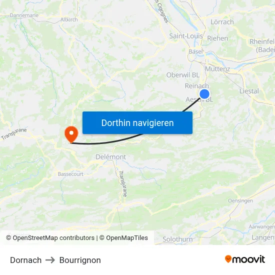 Dornach to Bourrignon map