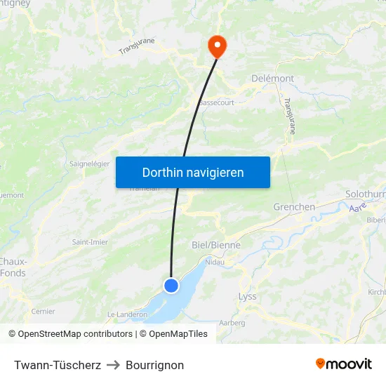 Twann-Tüscherz to Bourrignon map