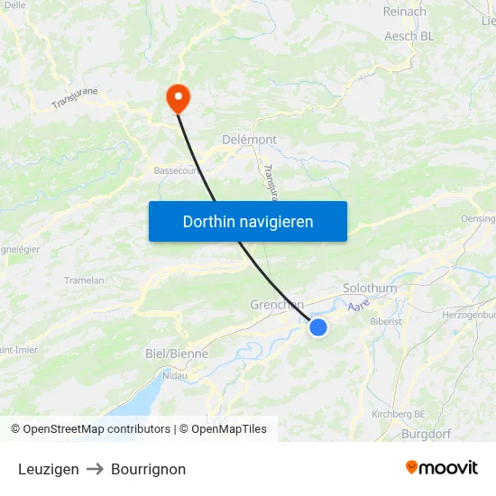 Leuzigen to Bourrignon map