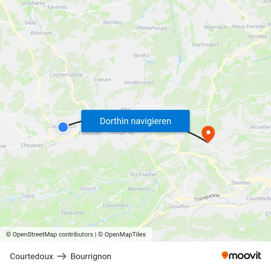 Courtedoux to Bourrignon map