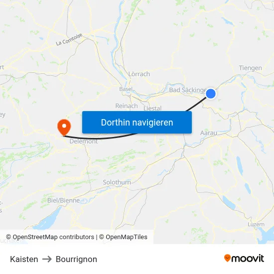 Kaisten to Bourrignon map