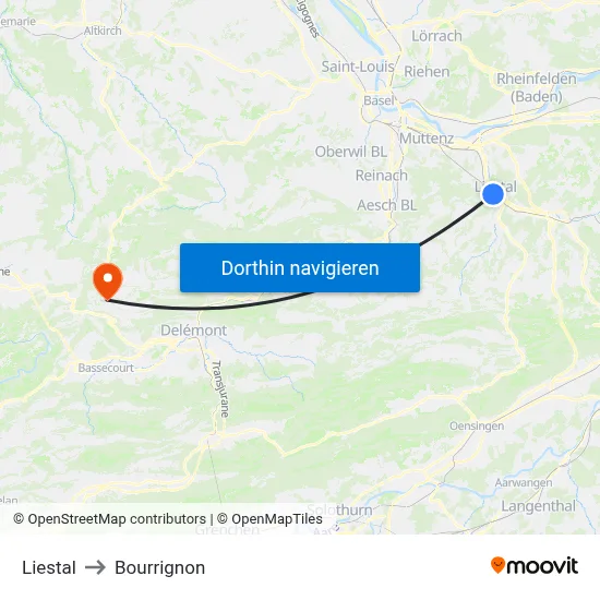 Liestal to Bourrignon map