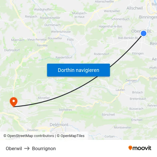 Oberwil to Bourrignon map