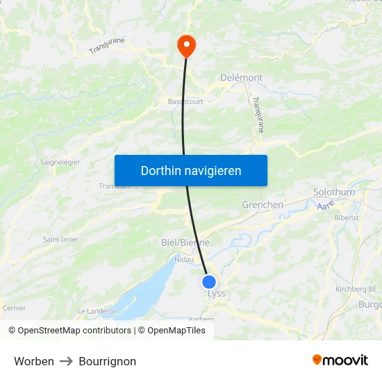 Worben to Bourrignon map