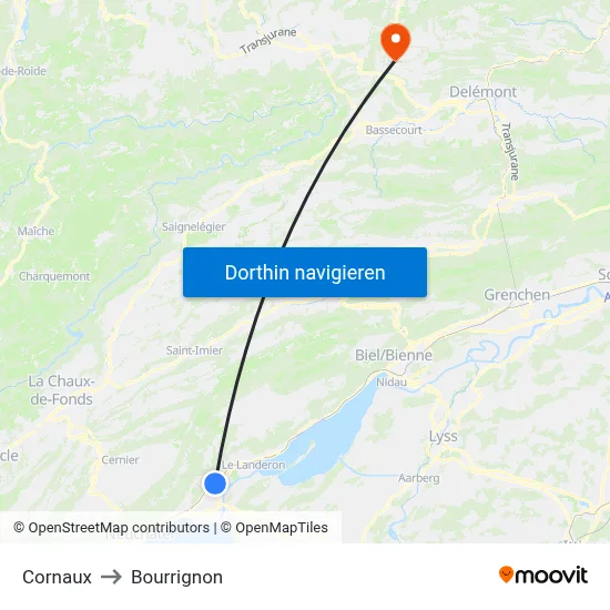 Cornaux to Bourrignon map