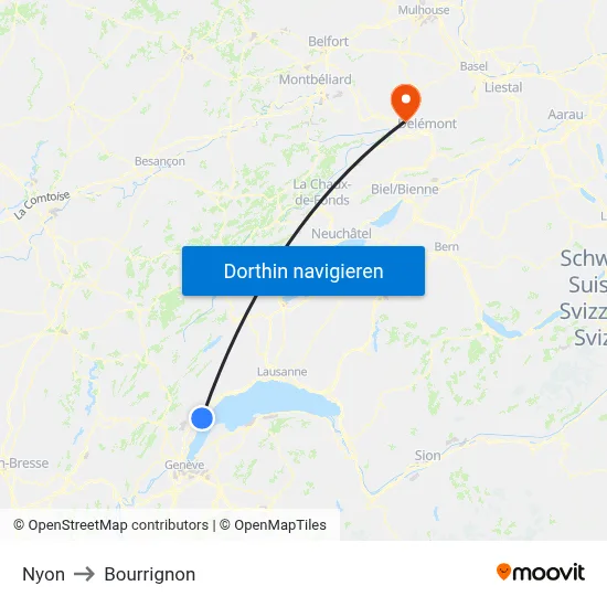 Nyon to Bourrignon map