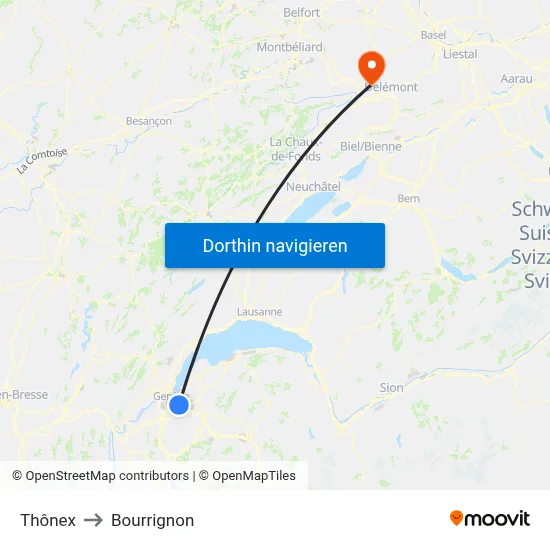 Thônex to Bourrignon map