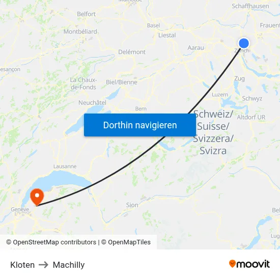 Kloten to Machilly map